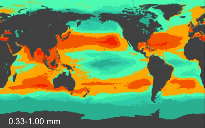 Map of plastics found in the ocean (red = higher plastic density).